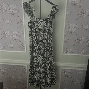 Black and white floral smocked midi dress